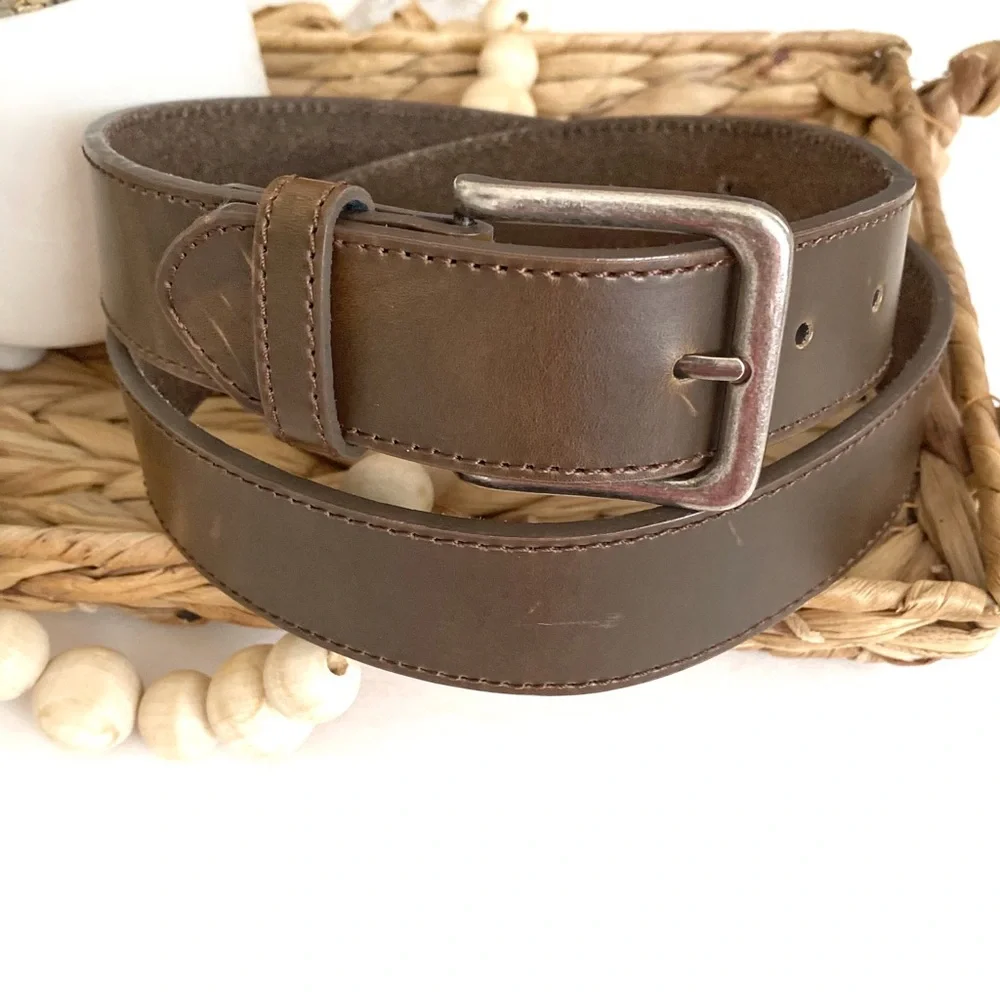 Men’s Brown Leather Belt Silver Buckle 38